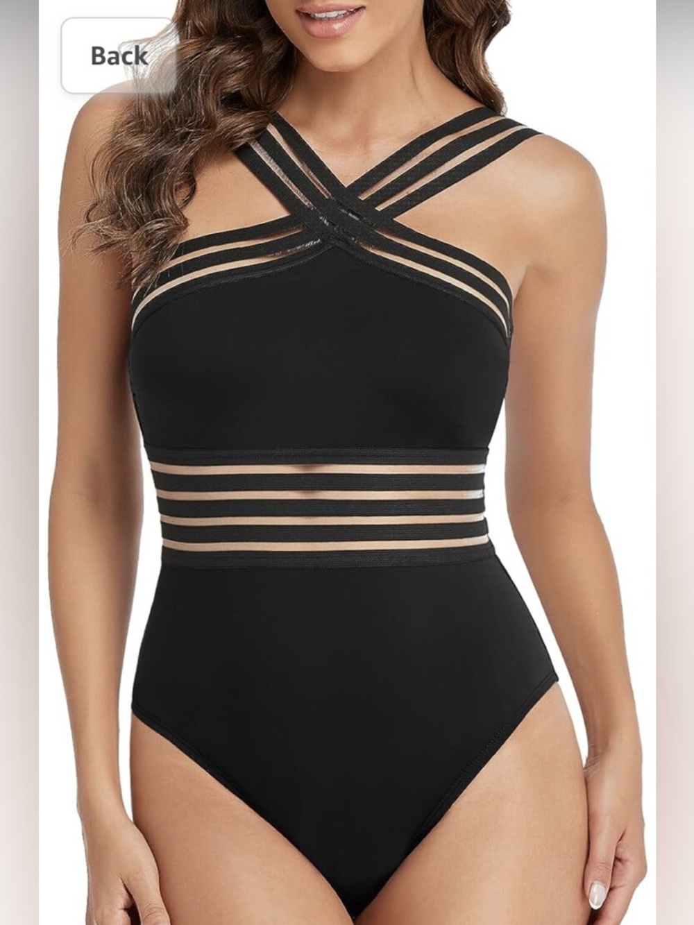 Hilor Black One-Piece Swimsuit with Sheer Stripe Details large